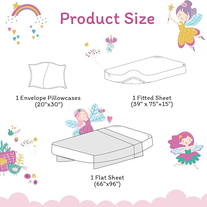 JSD Purple Fairy Kids Sheet Set Twin Size, 3 Piece Girls Floral Printed Microfiber Sheets Deep Pocket
