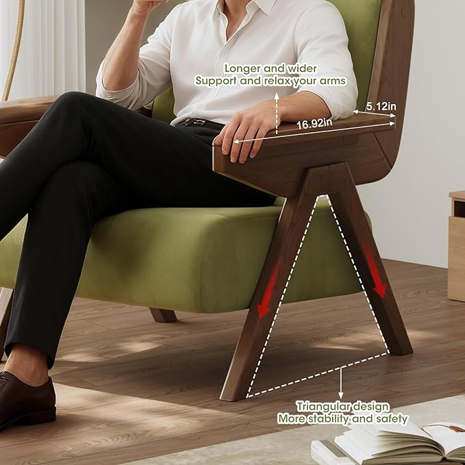 Accent Chair Mid Century Modern Chair, Velvet Upholstered Lounge Arm Chair with Solid Wood, Cozy Reading Chair for Living Room, Bedroom, Balcony (Green)
