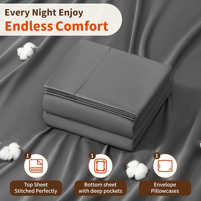 LBRO2M 1000 Thread Count 100% Egyptian Cotton Sheets Set Twin, 3 Piece Sets Bed Sheet Deep Pocket Sheet Set 16" Soft Comfortable All Season (Twin, Dark Grey)