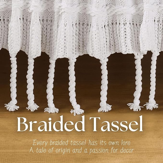 Boho Knitted Chenille Blanket with Tassels - Lightweight & Soft All-Season Throw - 3D Classic Pattern for Living Room Bedroom Couch, Cloud White, Throw 50"x60"
