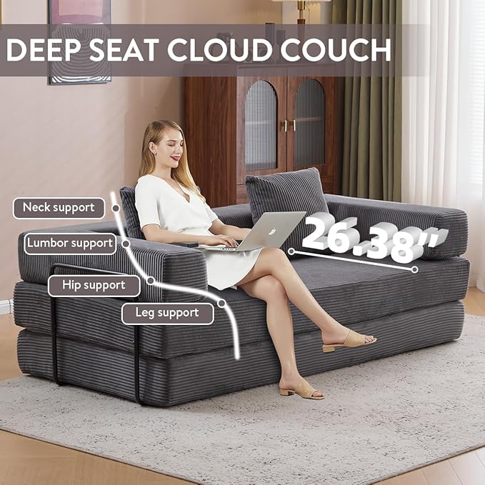 4-in-1 Convertible Folding Sleeper Sofa Bed, Fold Out Floor Sofa Couch with Fixed-Shape Frame, Cloud Corduroy Foldable Mattress Couch for Living Room Bedroom (78.5" Corduroy, Dark Grey)