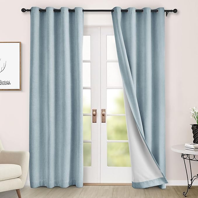 Macochico 52" Wx108 L 100% Blackout Curtains Extra Long Thermal Insulated Chenille Curtains for Living Room Bedroom Auditorium Home Theater Light Blue Grommet Curtains with Tieback Classic 1 Panel