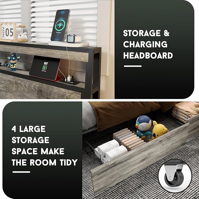 King Size Bed Frame with 4 Storage Drawers and Headboard with Charging Station and LED Lights,2 Tier Solid Wood Headboard Storage/Noise Free/No Box Spring Needed/Remote Control/Rustic Grey