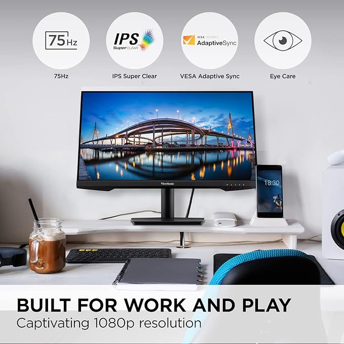 ViewSonic VA2409M 24 Inch IPS Full HD 1080p Monitor with Adaptive Sync, 75Hz, Thin Bezels, Eye Care, HDMI, VGA Inputs for Home and Office