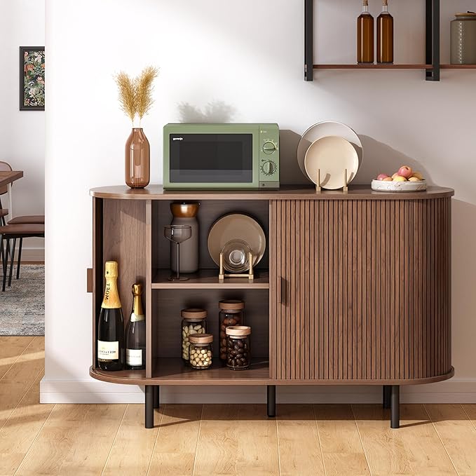 ONBRILL 48" Sideboard Buffet Cabinet with Storage, Storage Cabinet with Sliding Door & Adjustable Shelf, Modern Accent Coffee Bar Console Table for Kitchen, Entryway, Walnut