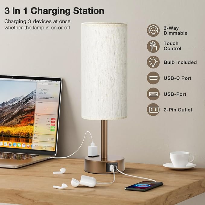 Brown Bedside Table Lamp for Bedroom - 3 Way Dimmable Touch Lamp USB C Charging Ports and AC Outlet, Small Lamp Round Flaxen Cream Fabric Shade for Living Room, Desk, LED Bulb Included