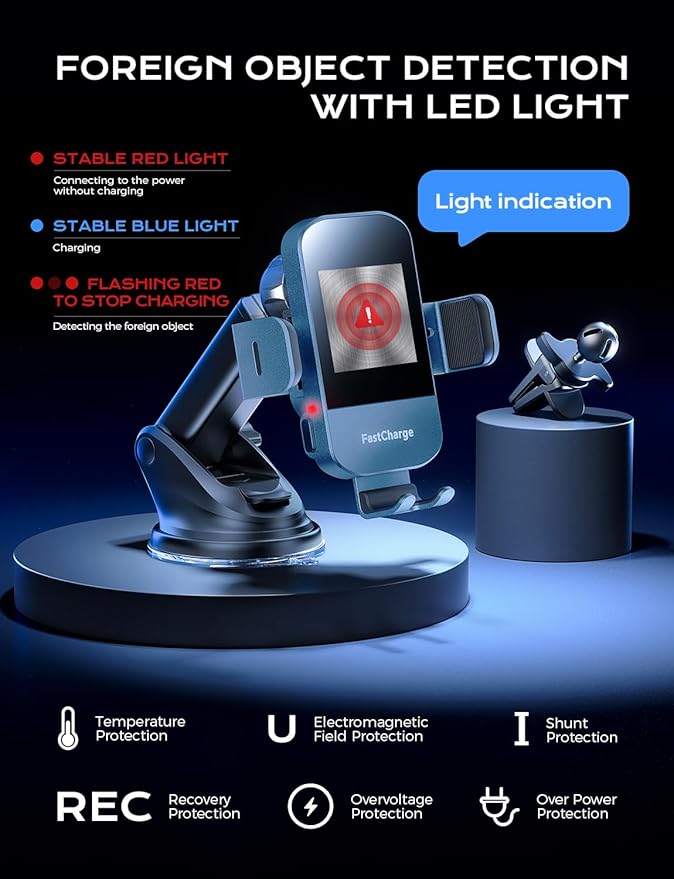 CHGeek Wireless Car Charger, 15W Fast Charging Auto Clamping Car Charger Phone Mount Phone Holder fit for iPhone 15 14 13 12 11 Pro Max Xs, Samsung Galaxy S25 Ultra S24 S23 S22, S21, S20, Blue