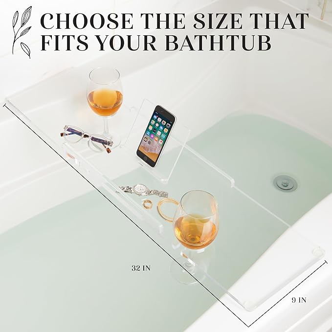 32" Supreme Plus- Luxury Bathtub Caddy - 3/8" Thick, Clear Bath Tub Tray Table for 1 or 2 Bathers, Acrylic Bath Tray Bathtub Caddy- Book, iPad and 2 Wine Glass Holders (32")