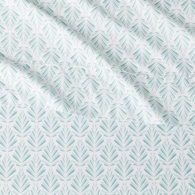 Amazon Basics Lightweight Super Soft Easy Care Wrinkle Free Microfiber 3 Piece Bed Sheet Set with 14-Inch Deep Pockets, Twin, Aqua Fern, Floral, Kids, Men & Women Bedding (Pack of 4)