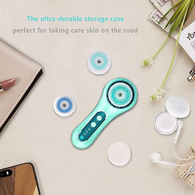 Face Scrubber Exfoliator,Facial Cleansing Brush Rechargeable IPX7 Waterproof with 5 Brush Heads,Electric Face Spin Brush for Exfoliating, Massaging and Deep Cleansing (Mint-Green)