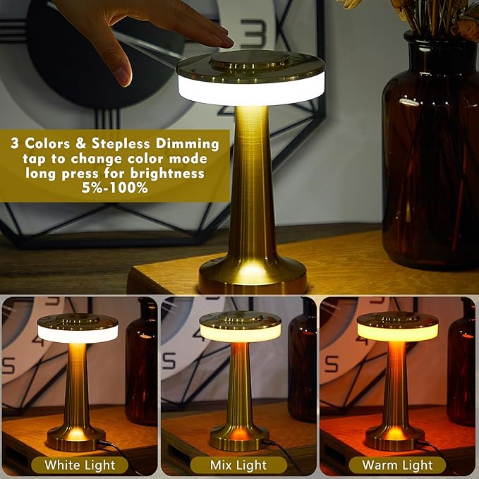 VIHOSE Cordless Table Lamps LED Portable Rechargeable Table Lamp with Touch Sensor 3 Color Dimming up to 15 Hours Battery Desk Light for Restaurant Nursery Living Room(Gold,12 Pcs)