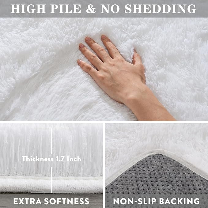 Fluffy Rugs for Bedroom Living Room, 4x6 Feet Indoor Modern Shaggy Area Rugs, Non-Slip Fuzzy Shag Floor Carpet for Dorm Nursery Kids Room Decor, Soft Plush Throw Rug, White