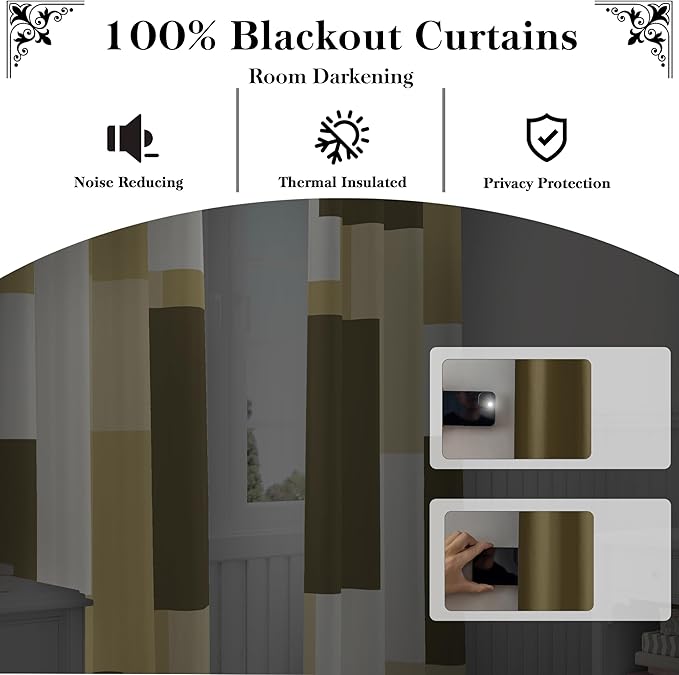 Beige 100% Blackout Curtains for Bedroom 63 inch Long 2 Panels Set White Beige Modern Abstract Geometric Black Out Curtains Insulated Room Darkening Window Drapes for Living Room, 52Wx63L