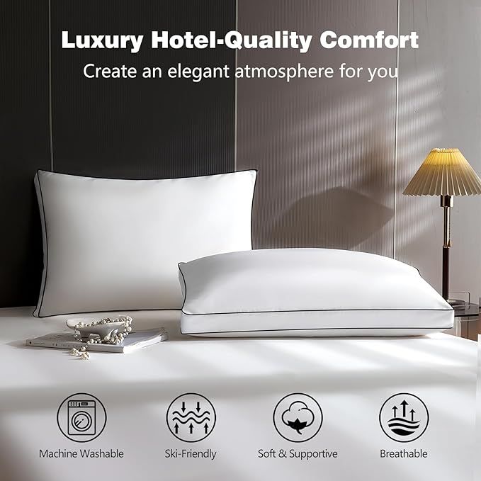 Feather Down Pillows Queen Size Set of 2 Pack, Luxury Hotel Quality Bed Pillow, Soft Medium Firm Feathers Pillow For Sleeping, Down Surrounded Gusseted Pillows for Side Back Stomach Sleepers 20x30 In