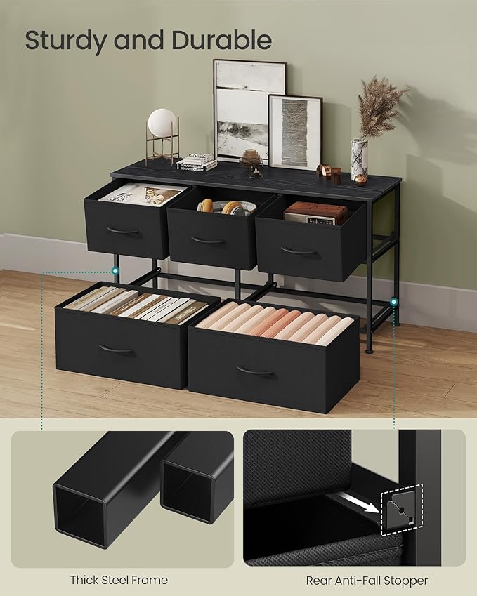SONGMICS Dresser for Bedroom, Chest of Drawers, Steel, MDF, 5 Non-Woven Fabric Drawers, Storage Organizer Unit, Closet, Entryway, Ink Black and Ebony Black ULGS322B01S