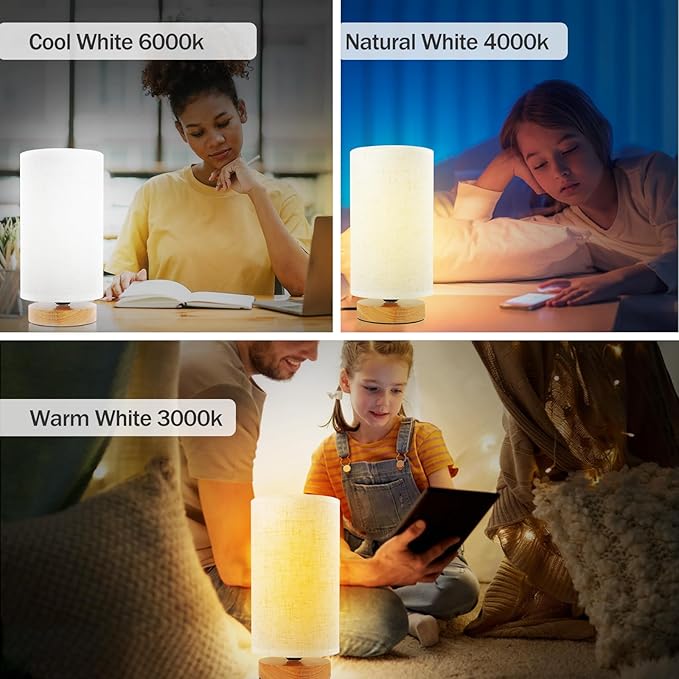 Minimalist Dimmable Nightstand Lamp with Round Fabric Linen Shade, 3 Color Temperatures, Desk & Bedside Lamp for Study, Living Room, Bedroom, Office, Dorm