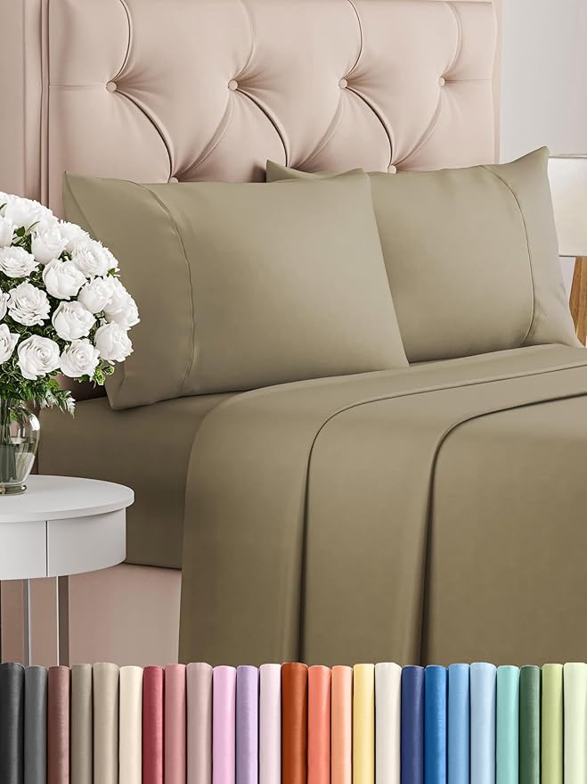 Twin 4 Piece Sheet Set - Cooling, Comfy & Breathable - Hotel Luxury Bedding, Includes Fitted Sheet for Women, Men, Kids and Teens - 1 Flat, 1 Fitted Sheet, 2 Pillowcases with Deep Pockets - Khaki