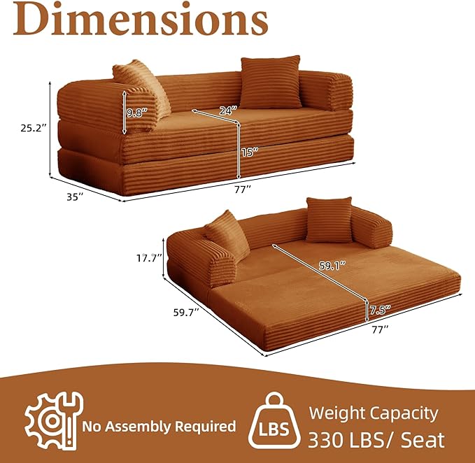 Convertible Futon Sofa Bed, Fold Out Floor Sofa Couch with Sleeper Sofa,Folding Boneless Couches with Deep Seat,Cloud Corduroy Foldable Mattress Couch for Living Room (Orange)