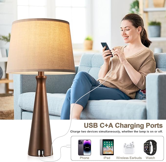 Seealle Modern Table Lamps Set of 2 - Touch Bedside Lamp for Nightstand with Dual USB C+A,3-Way Dimmable Brown Nightstand Lamps for Living Room Bedroom End Table with Oat Shade(Bulb Included)
