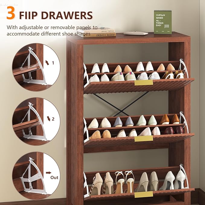 Shoe Cabinet Storage for Entryway, Fluted Shoe Cabinet with 3 Flip Drawers, Hidden Shoe Rack Tall Freestanding Shoe Organizer with Legs for Hallway, Walnut
