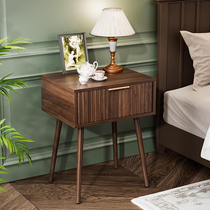 VINGLI Nightstands Set of 2, Fluted Night Stand with Drawer, Bedside Table, Wood Nightstand for Bedroom, Mid Century Modern End Tables, Walnut, 18.9" W*14.96" D*24" H