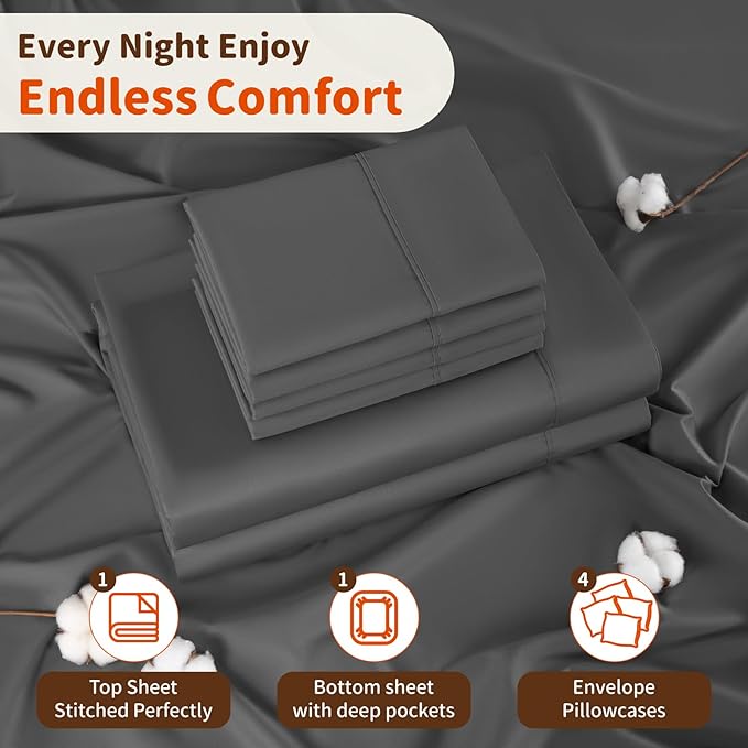 LBRO2M 1000 Thread Count 100% Egyptian Cotton Sheets Set 6 Piece Sets California King Bed Sheet Deep Pocket Sheet Set 16" Soft Comfortable All Season (California King, Dark Gray)