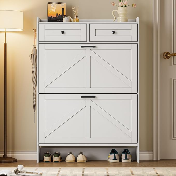 Shoe Storage Cabinet for Entryway, Farmhouse Narrow Shoe Cabinet with 2 Flip Drawers & Top Drawers, Adjustable Shelves & Hooks, Freestanding Hidden Rack Organizer for Hallway, Foyer