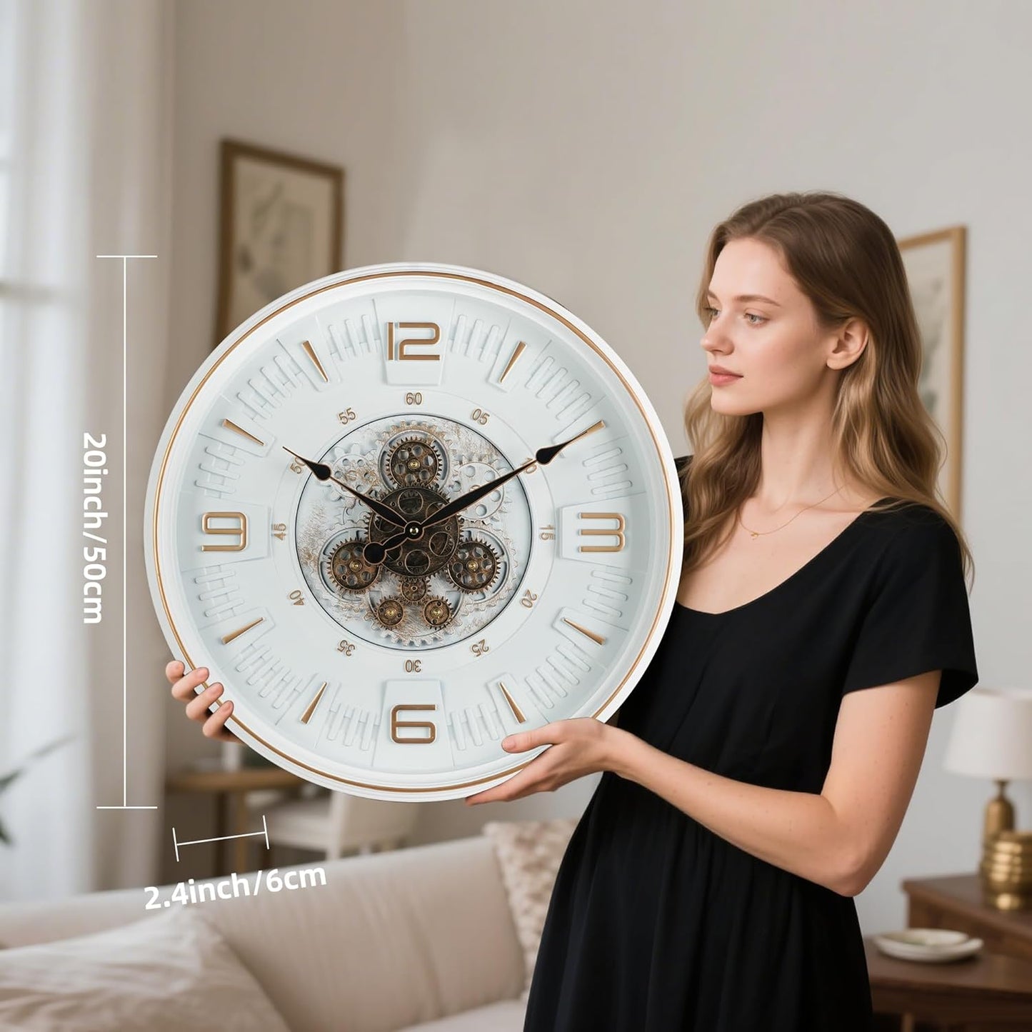 Maxstar Large Vintage Moving Gear Wall Clock, 20''Battery Operated Industrial Steampunk Metal Decor for Living Room, Office,Fireplace, Farmhouse(Arabic Number-Platinum Coating)