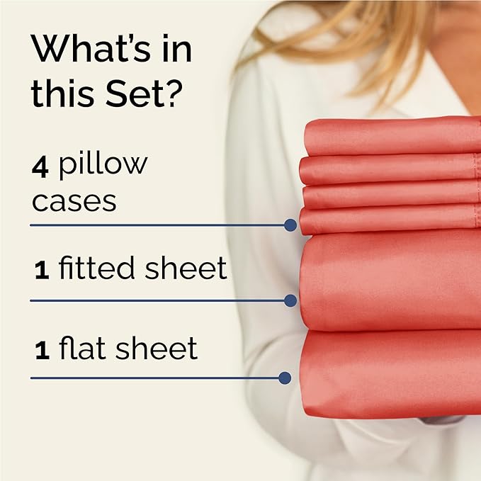 Full 6 Piece Sheet Set - Cooling, Comfy & Breathable - Hotel Luxury Bedding, Includes Fitted Sheet for Women, Men, Kids and Teens - 1 Flat, 1 Fitted Sheet, 4 Pillowcases with Deep Pockets - Coral
