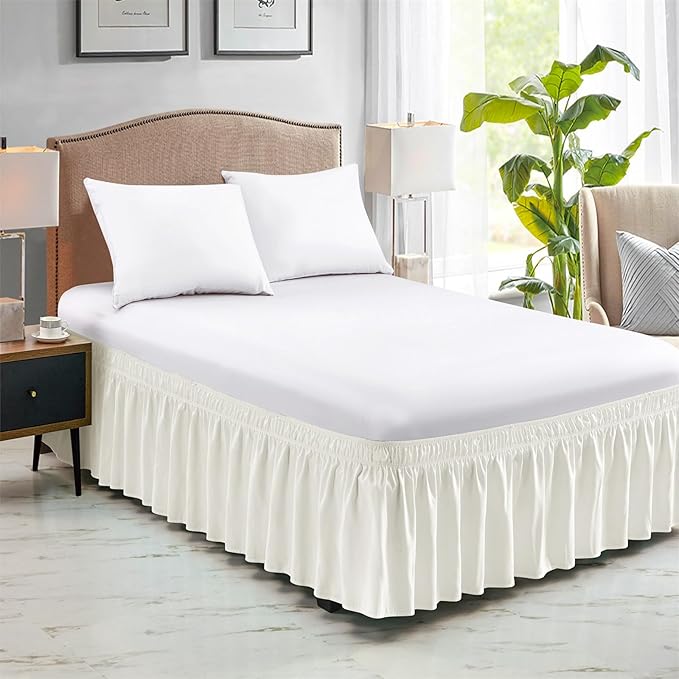 FreshCulture Twin Bed Skirt, Elastic Wrap Around Bed Skirt Twin Size, Bed Skirts for Adjustable Bed, Easy Fit with 15 Inch Drop Length, Hotel Quality Dust Ruffle for Twin Bed (Ivory)