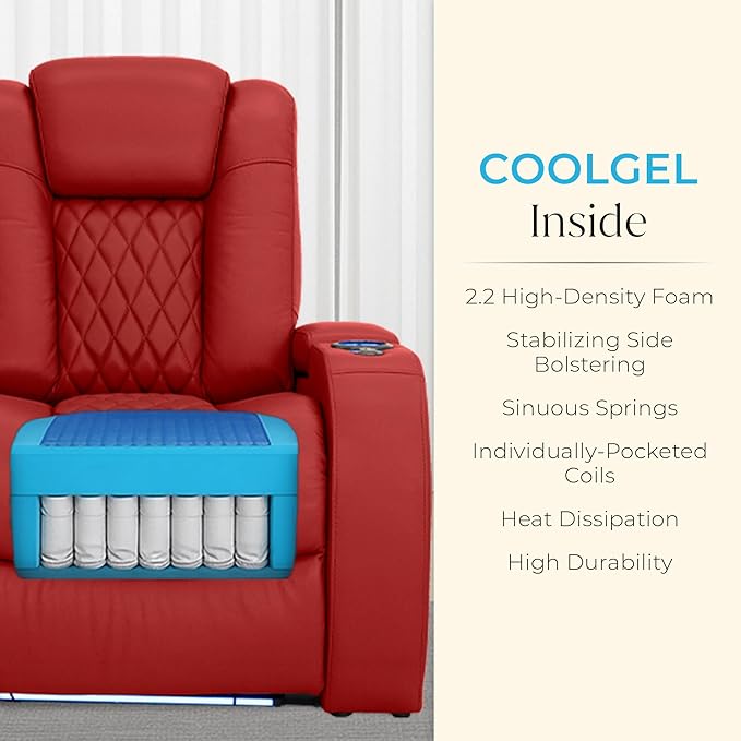 Seatcraft Diamante Zero-Gravity CoolZero Italian Leather Home Theater Seating, Power Headrest, Power Recline, Row of 5, Red