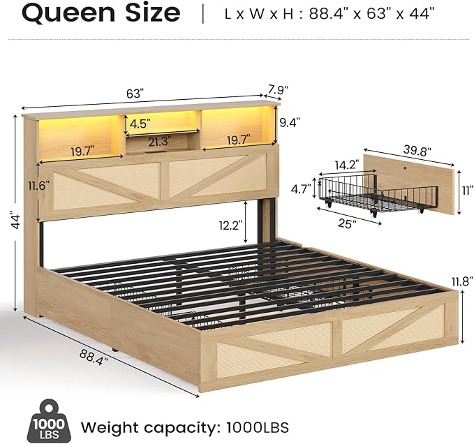 AOGLLATI Queen Bed Frame with 4 Storage Drawers and Natural Rattan 2-Tier Bookcase Hidden Headboard, Boho Led Bed Frame Queen Size with Charging Station, No Box Spring Needed, Wood