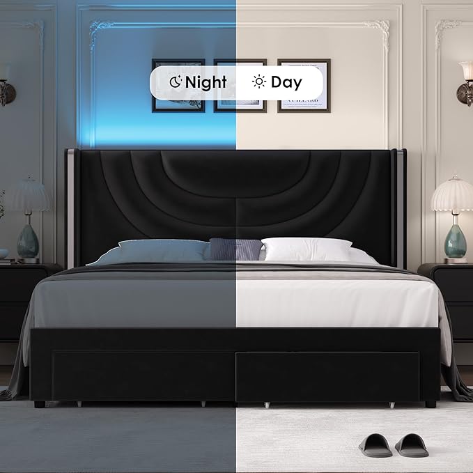 HITHOS Queen Upholstered LED Bed Frame with 2 Storage Drawers, Velvet Platform Bed with Wingback Headboard, Solid Wooden Slats Support, No Box Spring Needed, Headboard Splicing Design, Black