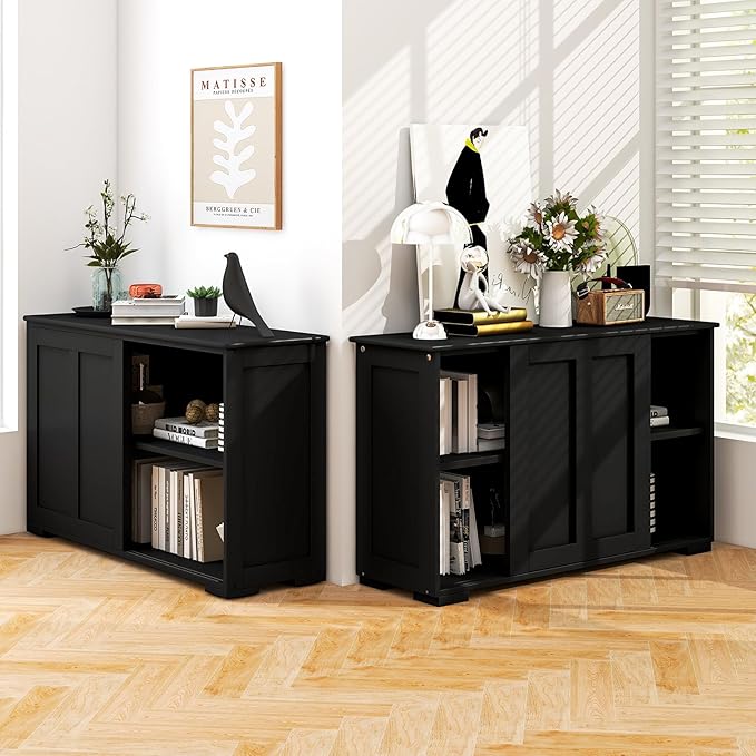 Costzon Sideboard Buffet Cabinet of 2, Wooden Kitchen Storage Cabinet with Adjustable Shelf, Sliding Barn Door, Accent Coffee Bar Cabinet Console Table for Living Room, Dining Room, Hallway