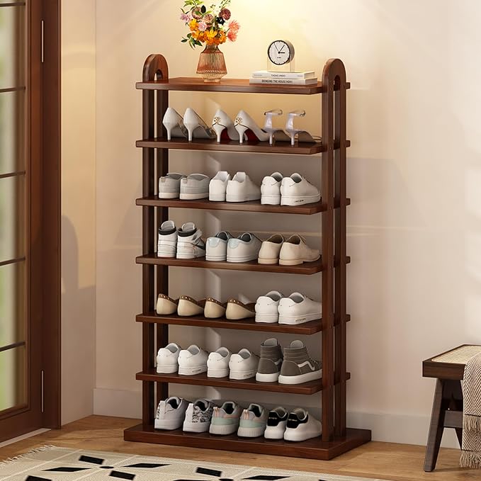 7 Tier Shoe Rack Solid Wood Shoe Organizer for Closet Free Standing Shoe Cabinet Shoe Storage Shelf for entryway, Closet and Doorway, Walnut