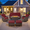 Belord Luxurious 7 Piece Patio Furniture Set with Fire Pit Table, High Back Swivel Rocker Glider Outdoor Chairs with 6" Blue Cushion, All-Weather Patio Conversation Set for Yard Garden Brown Wicker