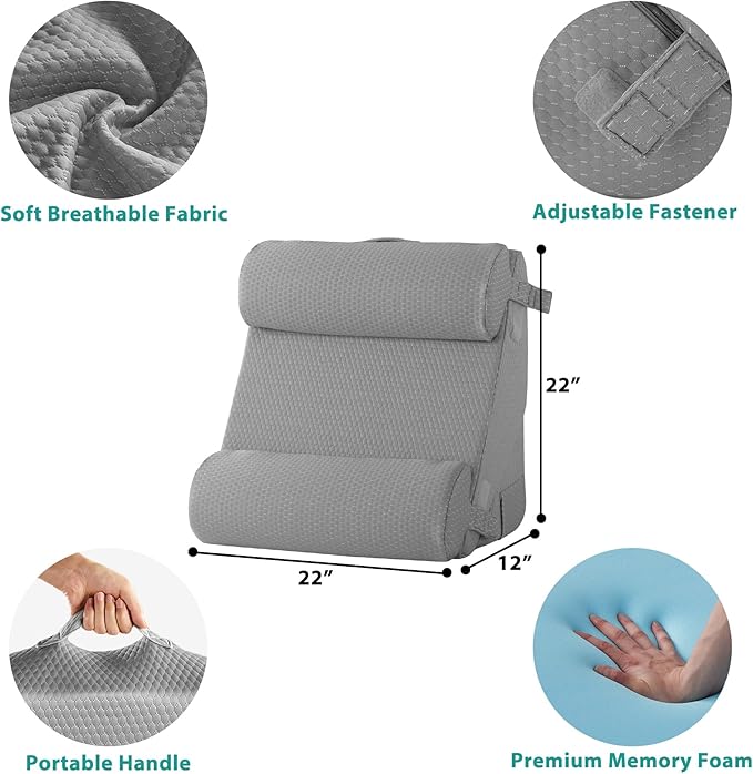 Bedluxe Adjustable 4pcs Bed Wedge Pillow Set, Memory Foam Wedge Pillows Post Surgery for Back, Neck, Leg Pain Relief, Pillow Wedge for Sleeping, Sitting up in Bed, Acid Reflux and GERD, Grey