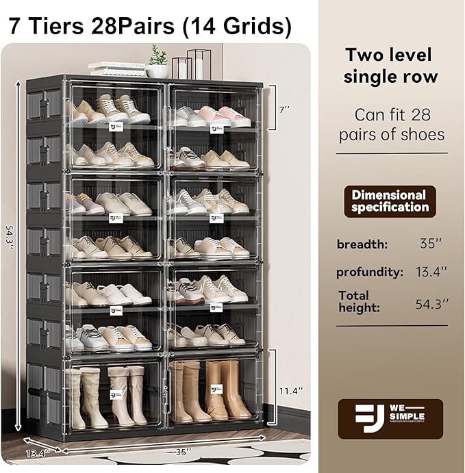 28 Pairs Portable Shoe Storage Cabinent of 3-Step Fast Installation,Plastic Shoe Box with Magnetic Clear Door for Entryway, Enclosed Shoe Rack for Sneaker, Heels etc.. (2Row, 7Tier)