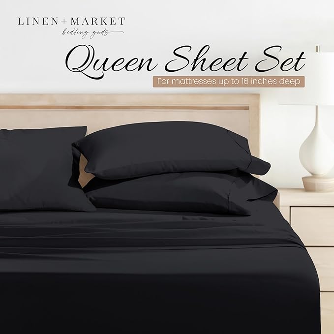 Linen Market Brushed Microfiber Queen Sheet Set 4 Piece – Oeko-TEX Certified Ultra Soft & Wrinkle-Free - 16" Deep Pocket Sheets - Easy Care Queen Size - Black