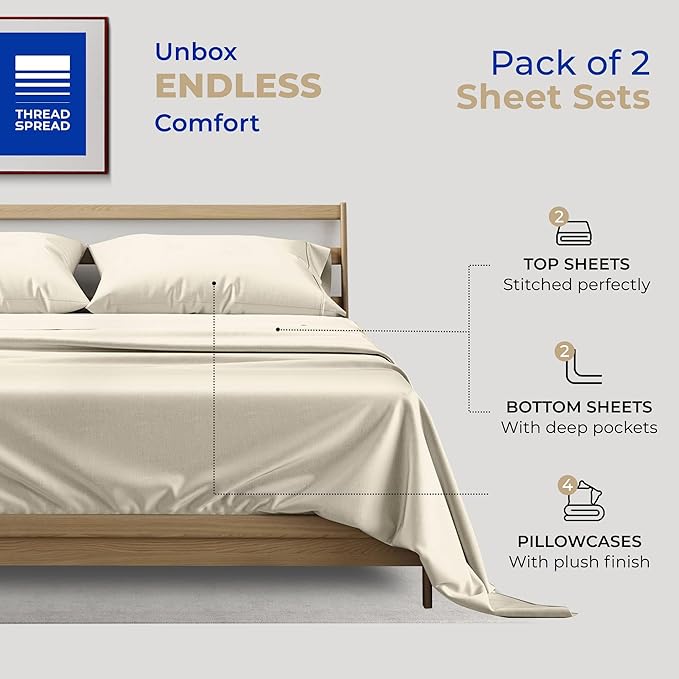 THREAD SPREAD 2-Pack Full Size Sheet Sets - 400 Thread Count 100% Cotton Sateen Weave - Extra Soft, Breathable, Hotel Quality Cooling Sheets, 2 Sets of Full Size Deep Pocket Bed Sheets (Ivory)