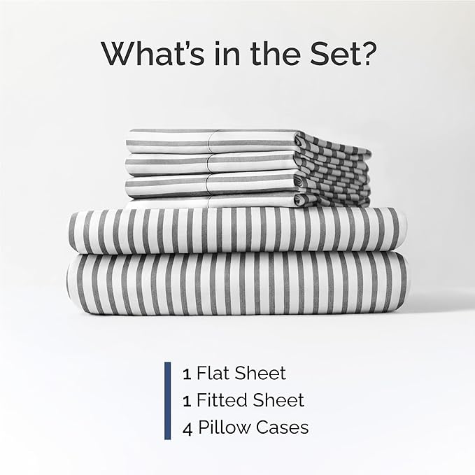 Full 6 Piece Sheet Set - Cooling, Comfy & Breathable - Hotel Luxury Bedding, Includes Fitted Sheet for Women, Men, Kids & Teens - 1 Flat, 1 Fitted Sheet, 4 Pillowcases w/Deep Pockets - Grey Stripes