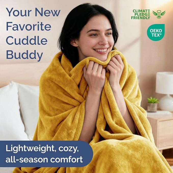Ultra Soft Fleece Blanket Throw Size - Flannel Fleece Luxury Throw Blanket - Lightweight for Couch Bed Chair - Thick, Warm and Breathable - All Season Cozy Fuzzy, Anti-Static Microplush Bedding, Gold