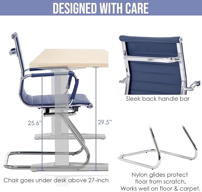 Wahson Office Guest Chairs Set of 2, Leather Reception Chairs, Mid Back Waiting Room Chair, Conference Chairs with Sled Base, Desk Chair No Wheels for Meeting/Lobby/Restroom, Navy Blue
