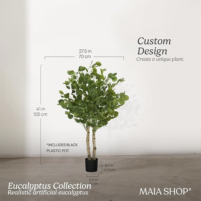 Maia Shop 3ft 5in Artificial Eucalyptus Tree Plant for House, Apartment or Office – Realistic Fake Indoor Plants for Living Room, Kitchen, Bedroom, Entryway or Bathroom – Faux Greenery for Home Décor