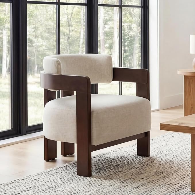 Beige Barrel Accent Chair, Cozy Upholstered Linen Living Room Chair for Bedroom, Walnut Wood Frame, Vintage Modern Lounge Reading Chair for Apartment Waiting Room Office,1 PCS, Beige