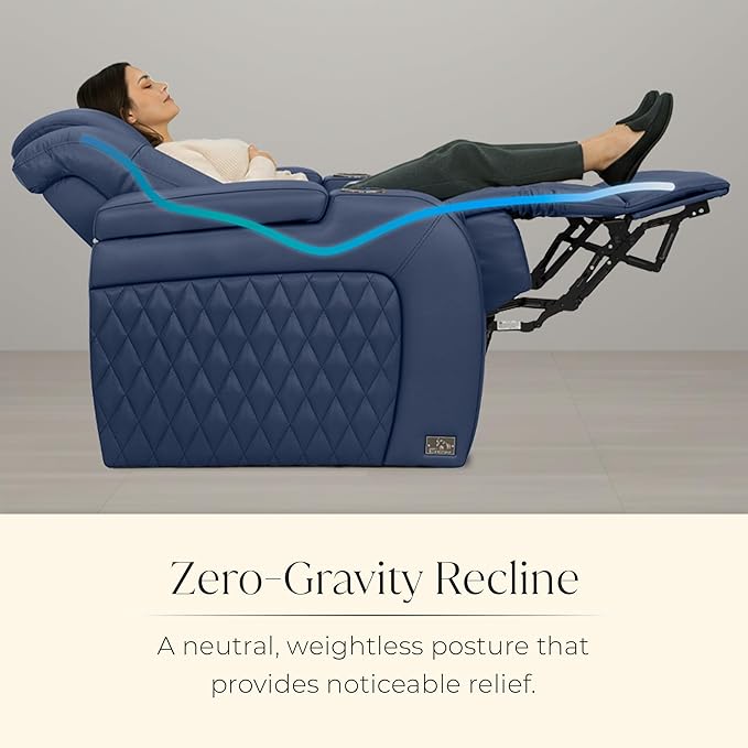 Seatcraft Diamante Zero-Gravity CoolZero Italian Leather Home Theater Seating, Power Headrest, Power Recline, Row of 3 Right Loveseat, Navy Blue