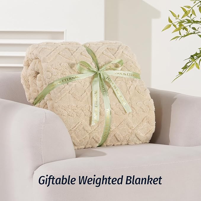 Wemore Weighted Blanket for Adults Twin Size 20 lbs, Dual Sided Soft Fuzzy Jacquard Sherpa Weighted Blankets for Sleeping, Cozy Fluffy Knitted Heavy Blanket for Couch Bed, Khaki, 60 x 80 inches