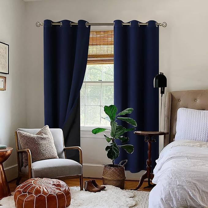 BGment Thermal Insulated 100% Blackout Curtains for Bedroom with Black Liner, Double Layer Full Room Darkening Noise Reducing Grommet Curtain (38 x 84 Inch, Navy Blue, 2 Panels)