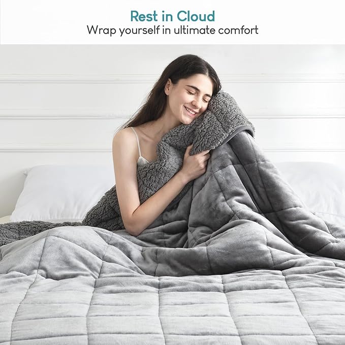 Cottonblue Weighted Blanket 12 lbs Queen Size, Flannel Shaggy Sherpa Weighted Blanket for Adults Comfortable Weighted Blankets for Calming and Relax, Bed Sofa Heavy Blankets, 60x80 inches, Grey