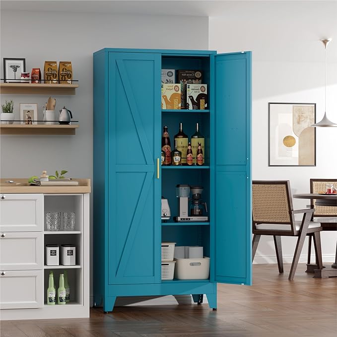 Farmhouse Pantry Cabinet with Barn Doors,61" H x 27.5" W,Metal Cabinet with Adjustable Shelves,4-Tier Storage Cabinet for Kitchen Dining Room Garage,Blue